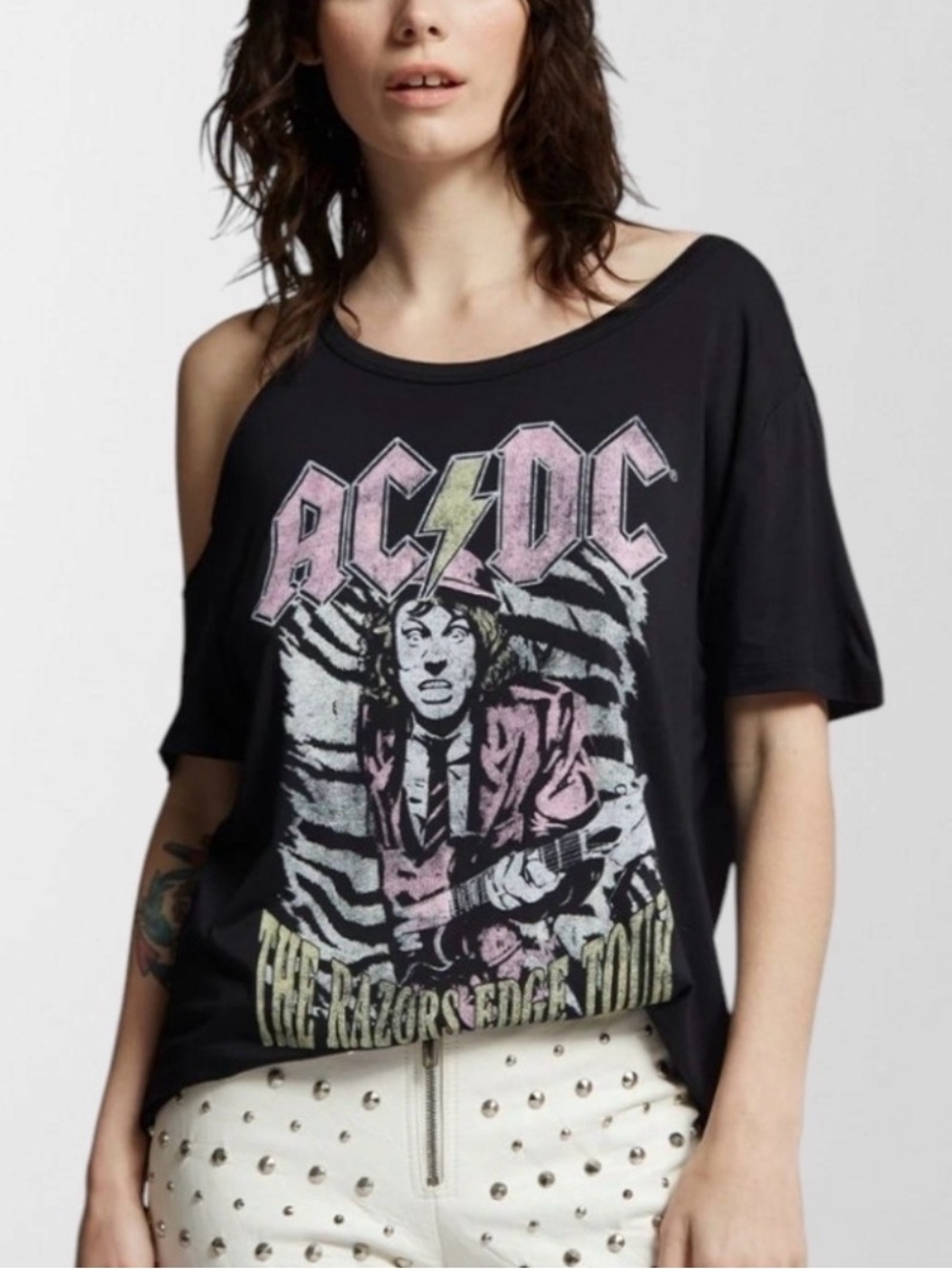 NEW Recycled Karma AC/DC The Razors Edge Tour Cold Shoulder Tee Black Size Small